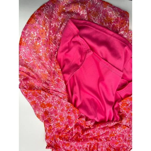 Umgee Women Size Large Pink Floral Metallic Flutter Sleeve Dress NWT - Picture 7 of 10